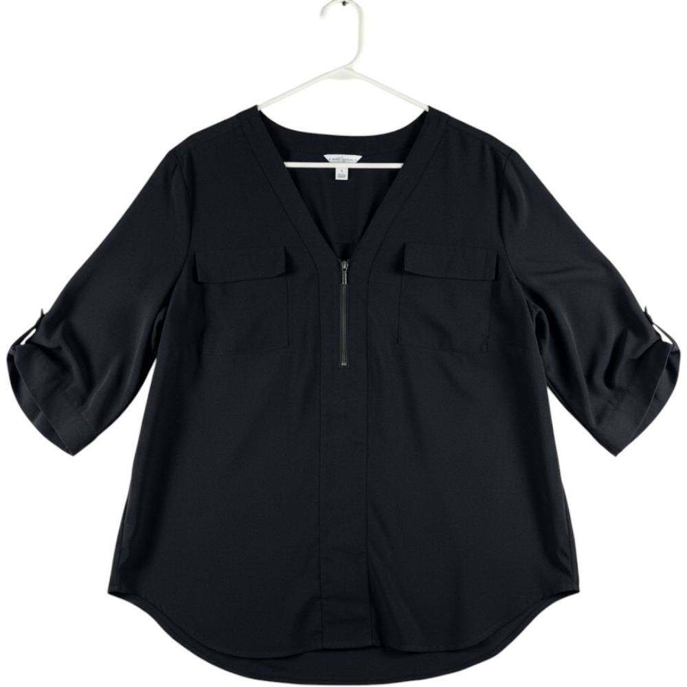 Boutique Women Black Zip V-Neck 3/4 Tab Sleeve Blouse Plus Size 1X